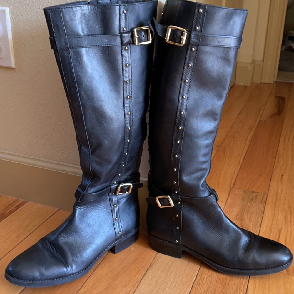 Vince Camuto Black Zip Up Riding Boots with Gold Stud Detail